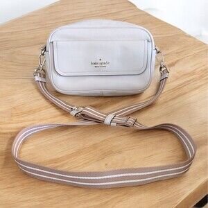 Kate Spade NY Crossbody Bag Medium Off White Leather Stripe Strap Zip Purse Work
